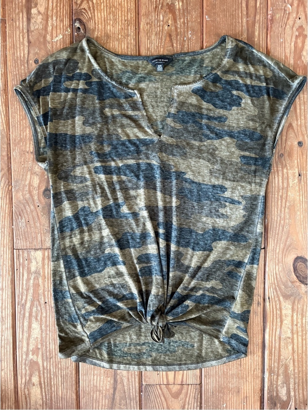 Lucky Brand Olive & Black Camo Tie-Front Short Sleeve Top